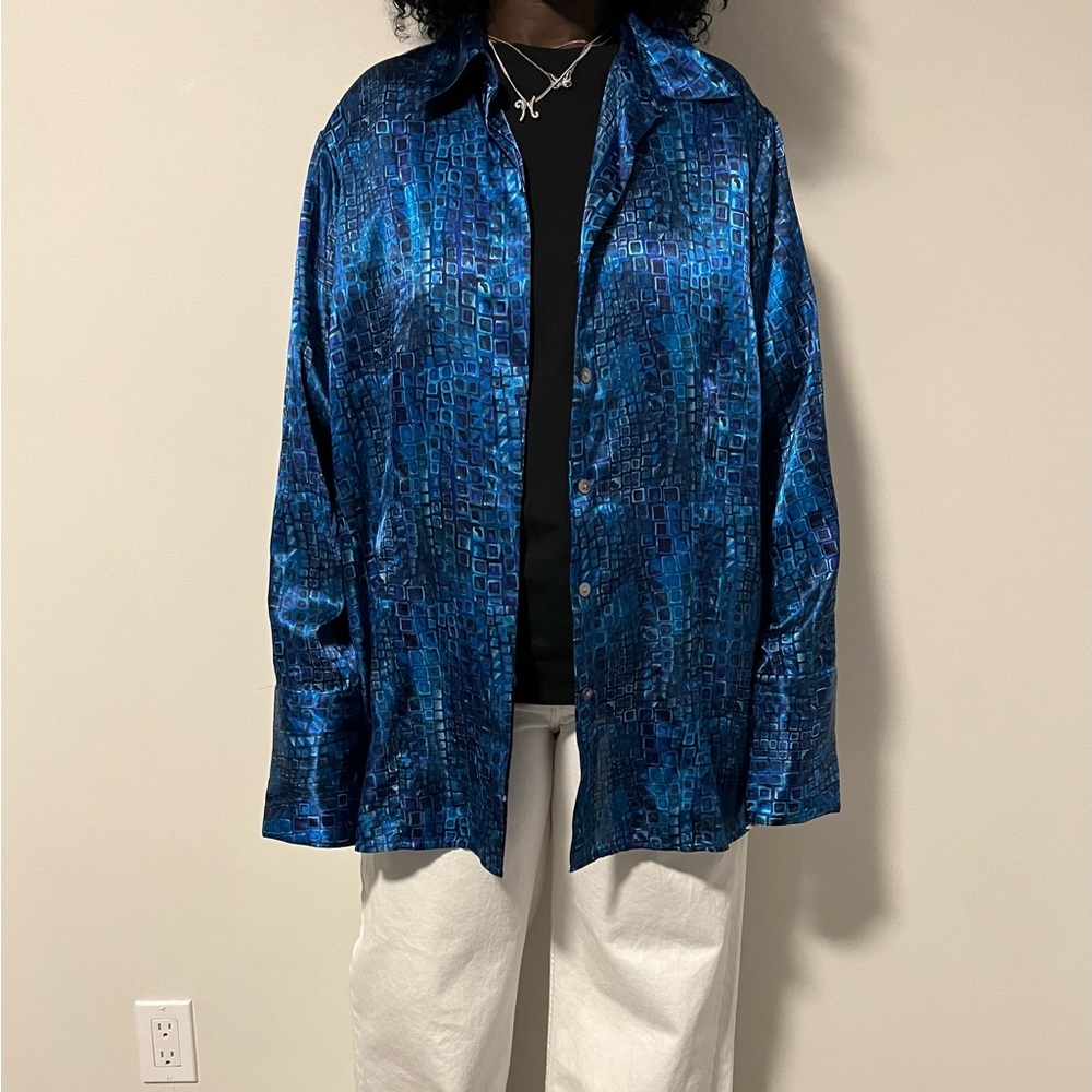 Vintage Marc Allen Plus Blue Patterned Satin Button-Up Shirt Size 18